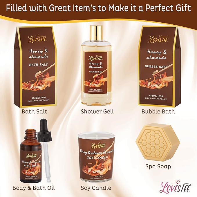 Christmas Spa Gift Baskets For Women, Honey Almond Bath and Body Set, Birthday Gift- Shower Gel, Bubble Bath, Body Butter, Bath Salt, Body Oil, Candle, Bath Caviar, Soap, Home Diffuser, Scrubber