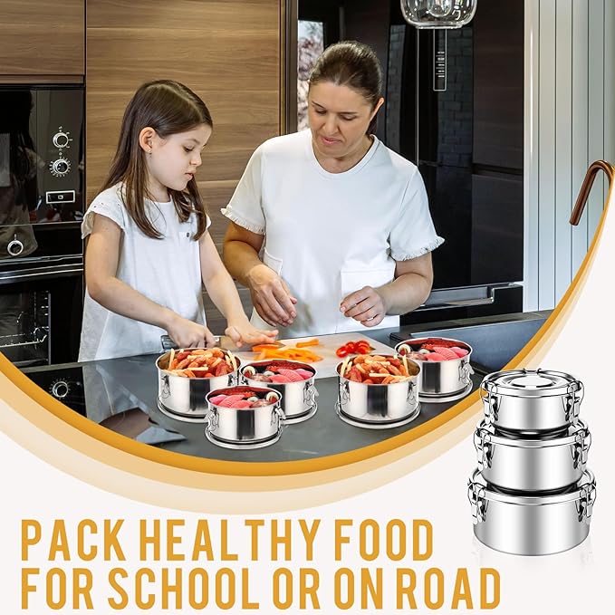 3 Pcs Small Stainless Steel Bento Box Reusable 304 Stainless Steel Food Storage Containers with Lockable Clips to Leak Proof, Dishwasher Safe(54 Oz, 74 Oz, 101 Oz)