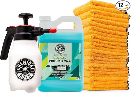 Chemical Guys ACC503 Mr. Sprayer Pressure Atomizer & Pump Sprayer (50 oz Bottle) + CWS209 Swift Wipe Sprayable Waterless Car Wash, 128 fl oz + MIC_506_12 Microfiber Towels, Gold (16"x16") 12 Pack