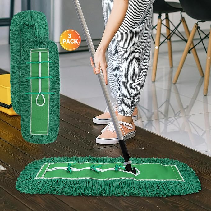 36 Inch Dust Mop Head: Replacement Medium Washable Commercial Mop Head Sweeper and Janitorial Replacement Green (Green - 36 Inch, 3 Pack)
