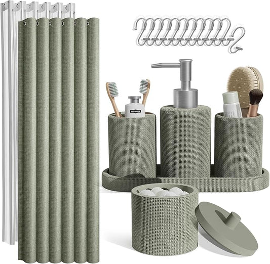 Clara Clark Sage Green Bathroom Set - Bathroom Accessories Set, 19PC Bathroom Accessory Set, Bathroom Sets with Shower Curtain Set, Soap Dispenser & Toothbrush Holder