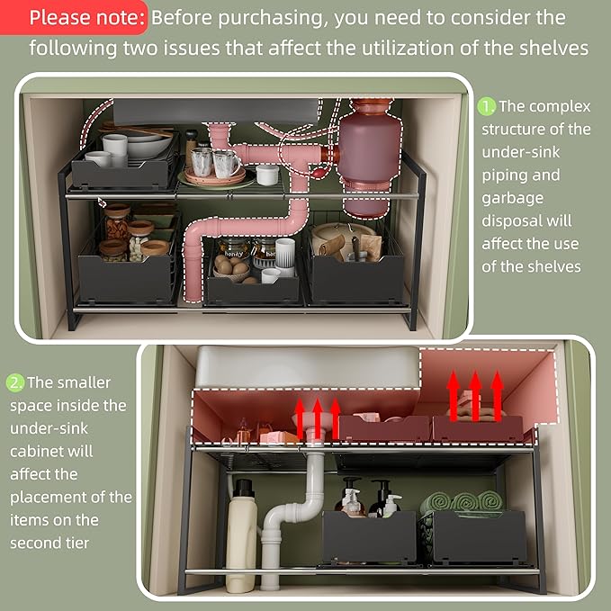 Adjustable Under Sink Organizers and Storage — Expandable Cabinet Storage Shelf with 4 Pull Out Baskets