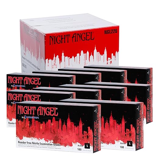 Adenna Night Angel Disposable Nitrile Gloves – 4 Mil, Powder Free Rubber Glove for Tattoo & Medical Use, Latex-Free, Tactile Sensitivity with Textured Grip, Case of 1000, Large, Black