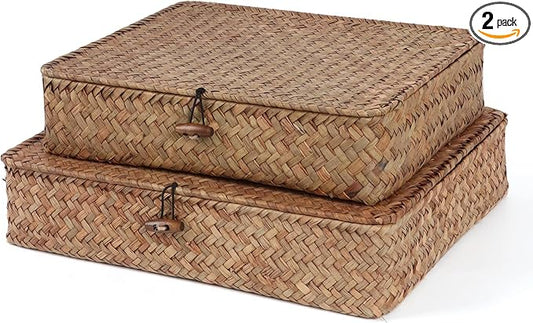 Flat Wicker Shelf Baskets with Lid, Handwoven Seagrass Basket Boxes for Storage Baskets Bins Home Decor Organizer (Coffee Set of 2)