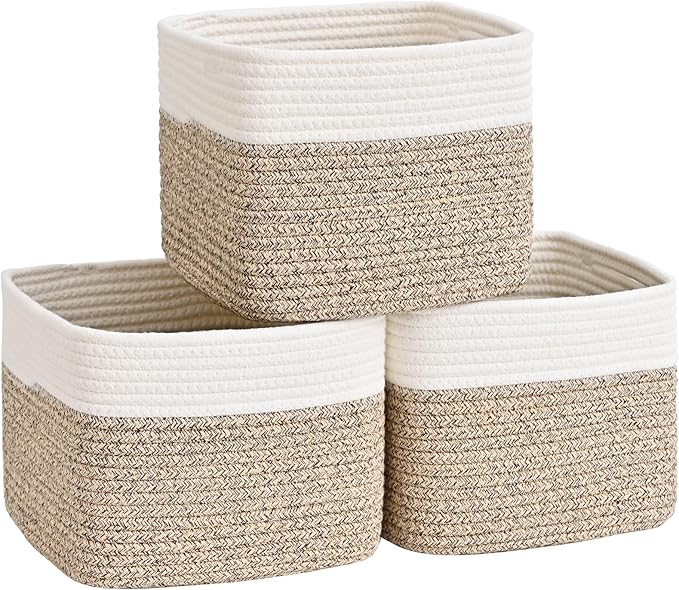 3 Pack Cube Storage Bin, 9”x9”x7” Cotton Rope Woven Baskets for Organizing Toys Clothes Towels, Square Gift Storage Baskets for Shelves, Nursery, Closet, Bathroom, Pantry (White & Jute)