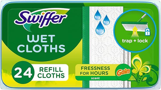 Swiffer Sweep + Mop, Wet Pads Refill, Floor Cleaner for Dirt, Dust, Hair, Cleaning Cloths for Mopping Home, Bathroom, Kitchen, All Purpose Multi-Surface Floor Wipes, Gain, 24ct