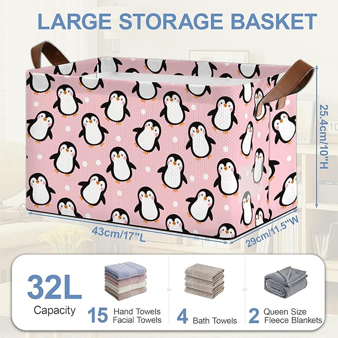 Cute Penguin Collapsible Storage Box,Organizer Bin with Handles for Room Decoration,Bins Book Basket Box 17x11.5x10Inch