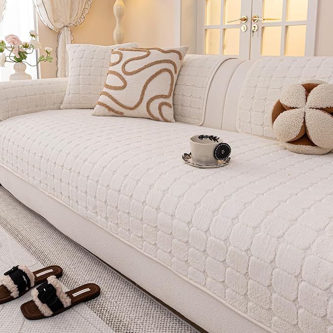 Velvet Sofa Covers Washable, Plush Warm Couch Cover for 2-3 Cushion Sofa, Funny Fuzzy Couch Covers for Pets&Kids, Non-Slip Sectional Sofa Cover(1PC, Beige White, 35.4"×70.9", 3 Cushions Sofa)