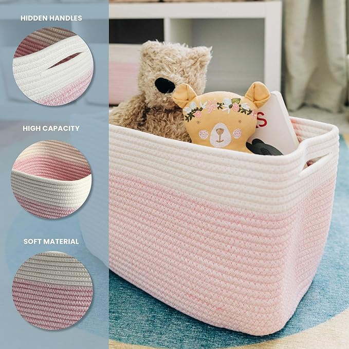 OrganiHaus Rope Baskets for Shelves - Set of 3 Woven Storage Baskets for Organizing, Closet & Toy Storage - Pink/Off-White - 15x9x10