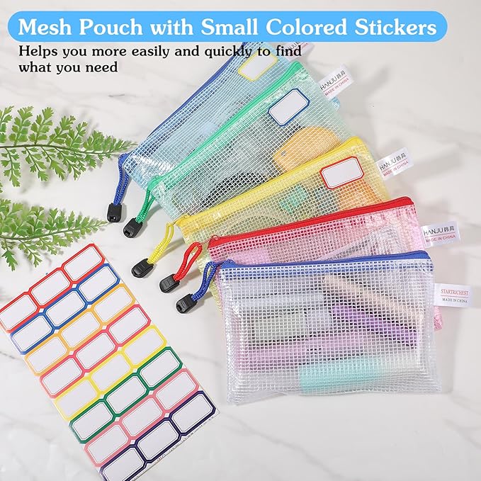 60 Pcs Mesh Zipper Pouch with 72 Labels, Plastic Clear Storage Bags Organizer Set for Travel, Jewelry, Crafts, Office Supplies - 5 Colors, 7.1x4.7 Inch