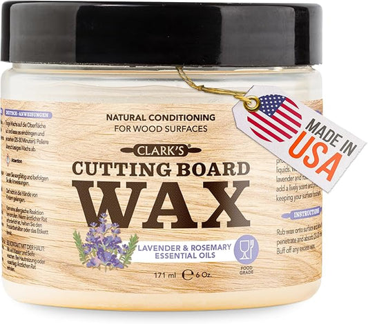 CLARK'S Cutting Board Wax - 2-in-1 Wood Butter & Food Grade Mineral Oil with Beeswax – Butcher Block Conditioner for Cutting Boards – Lavender & Rosemary Essential Oil Scent – Made in USA, 6oz