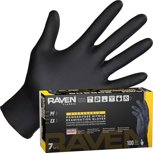 Raven Powder Free Nitrile Disposable Gloves 7 Mil - XL Latex Free, Chemical + Puncture Resistant, Textured Grip, Single Use for Automotive, Industrial, Janitorial, MRO, Food Service 66519