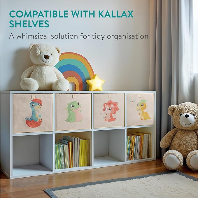 Navaris Toy Storage Boxes - Kids Bedroom Cube Baskets w/ Pull-Out Loop - Fabric Collapsible Box Drawers Unit for Shelves - Compatible with Ikea Kallax Inserts - Set of 4 Dinosaurs