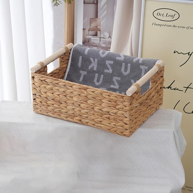 Wicker Storage Basket with Handles 13.6x9.5x5.6 Inch, Natural Woven Storage Baskets for Shelves Organization, Decorative Basket for Kitchen, Bathroom, Living Room Decor, Farmhouse Home Decor