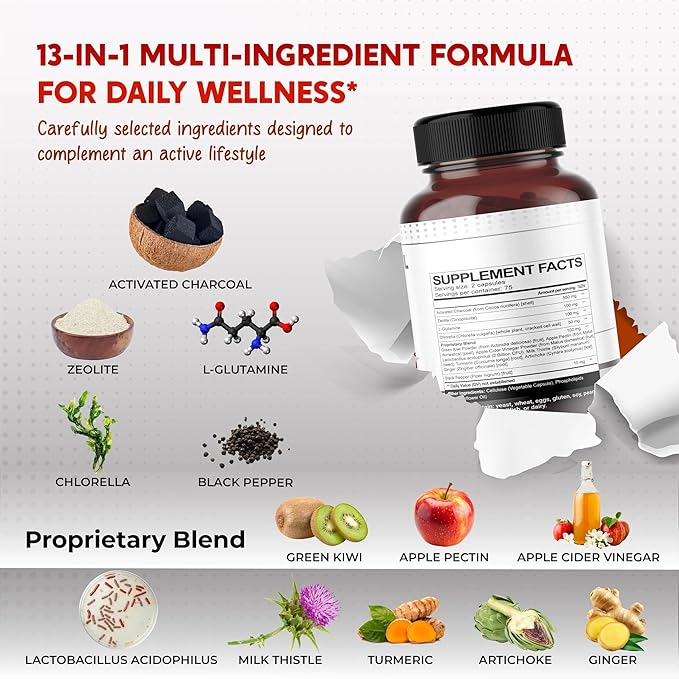 Premium All-in-1 Activated Charcoal, Zeolite, L-Glutamine & Chlorella – Supports Digestive Cleanse & Immune Wellness – 150 Capsules