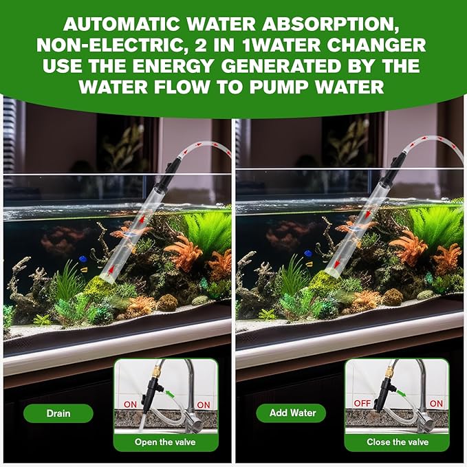 ZRDR Aquarium Siphon Vacuum Gravel Cleaner Kit for Fish Tank Cleaning Gravel & Sand, Fish Tank Water Changer Metal Faucet Connector with Long Hose Drain & Fill（32ft）
