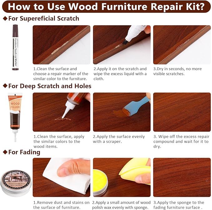 Wood Furniture Repair Kit, 6 Colors Wood Filler, Hardwood Laminate Vinyl Floor Repair Kit with Wood Markers, Wood Polish Wax for Hole, Scratch, Crack, Stain (Walnut Wood 20Pcs)