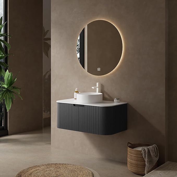 KEIKI 36" Bathroom Vanity Cabinet with Sink Combo, Wall Mounted Curved Edges Striped Floating Bathroom Vanity with Soft-Close Drawer, White Round Ceramic Basin Without Faucet, Black