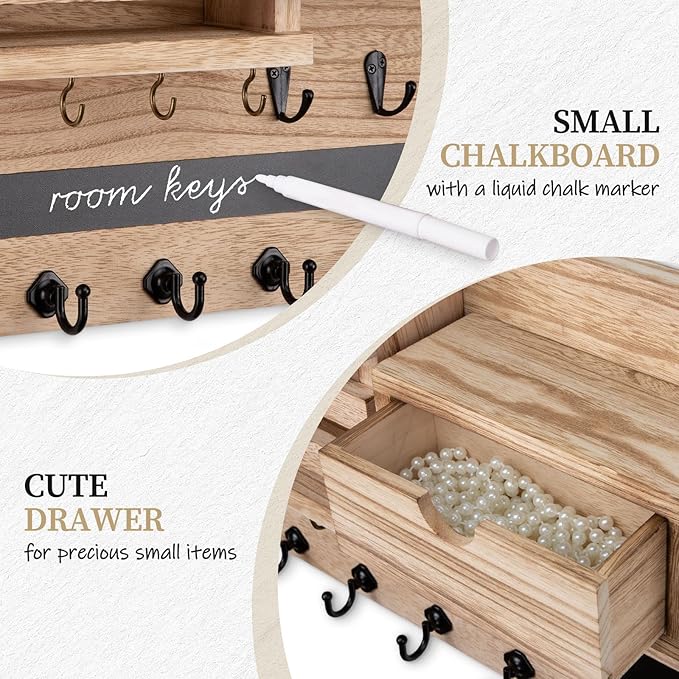 Nekon Key Holder Wall Mount, Rustic Mail and Keys Shelf for Wall Organization with 13 Hooks, Home Decor Accessory with Drawer, Wood
