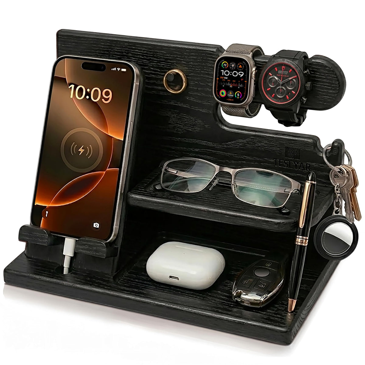 TESLYAR Wood Phone Docking Station for Men - Desk or Nightstand - Image 1