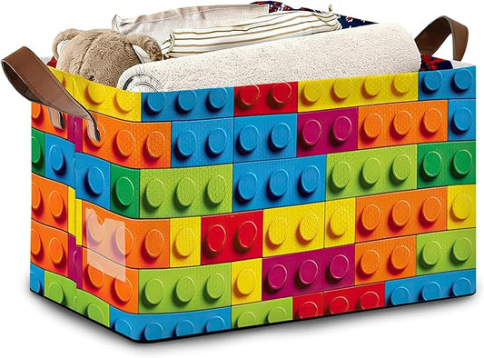 Colorful Building Blocks Collapsible Storage Box,Organizer Bin with Handles for Room Decoration,Bins Book Basket Box 17x11.5x10Inch