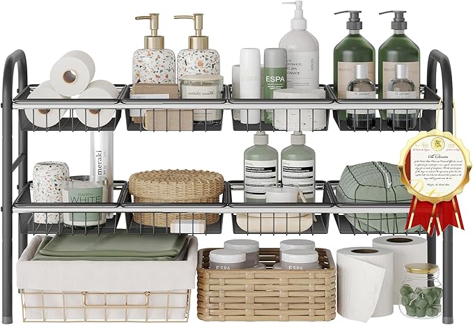 Under Sink Organizers and Storage, 2-Tier Expandable Under Cabinet Organizer Shelf with 8 Baskets, Expandable Shelf for Cupboard, Kitchen, Bathroom, Shoe Storage Rack