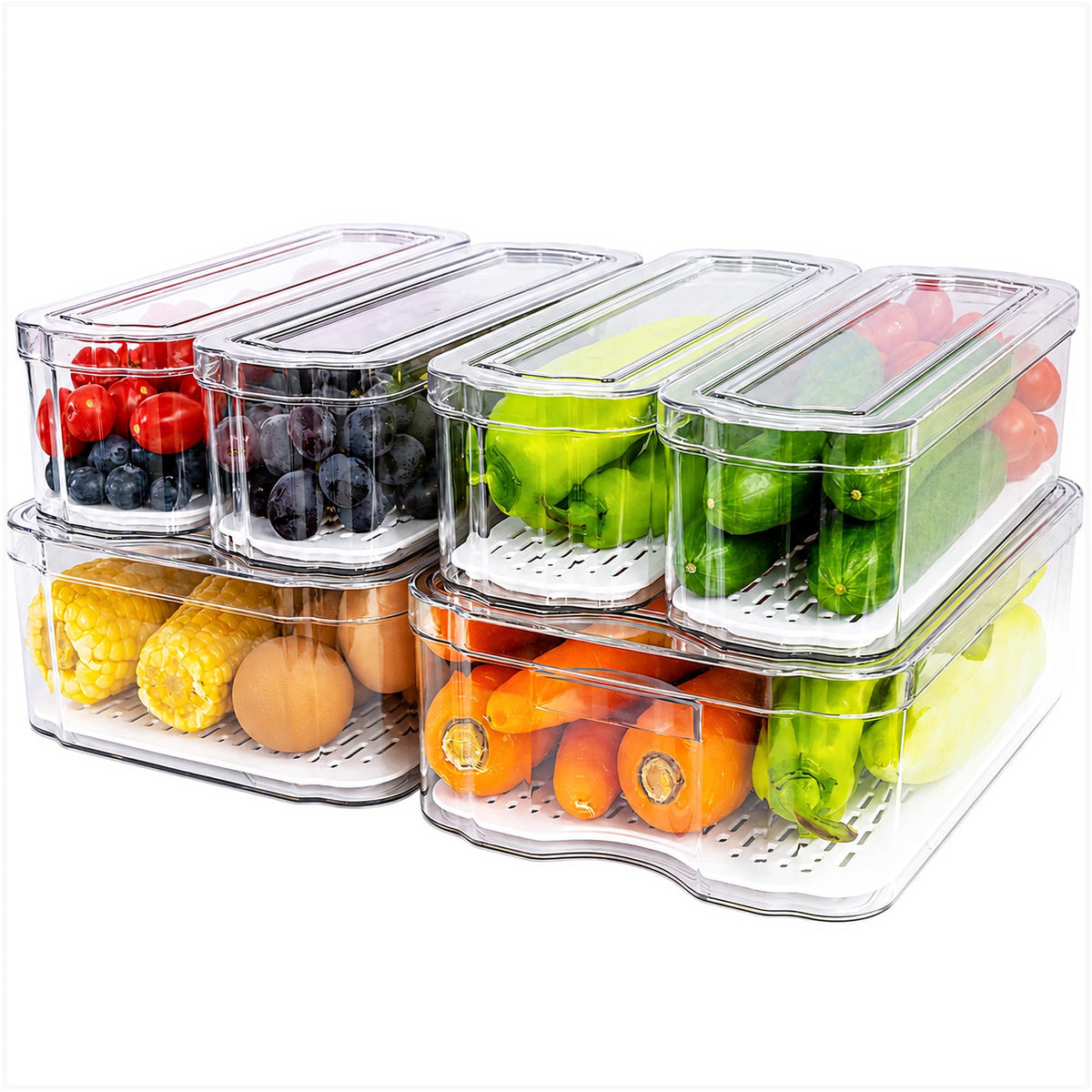 SMRCAD 6 Pack Clear Fridge Organizer Bins with Drain Trays - Image 1