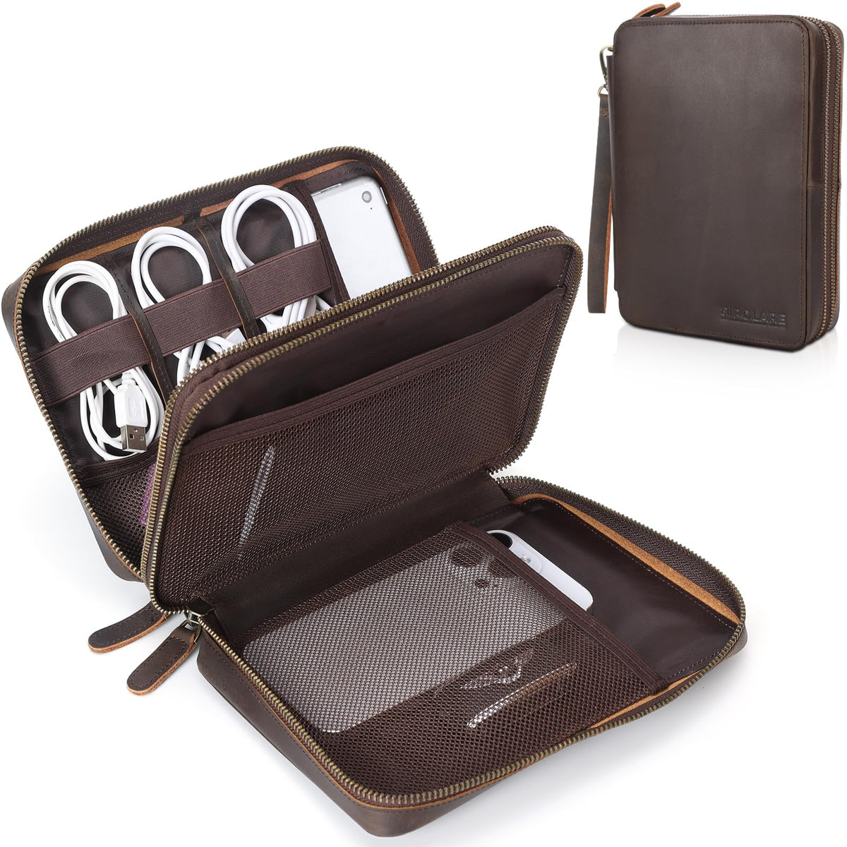 Polare Full Grain Leather Travel Cable Organizer Case Double - Image 1