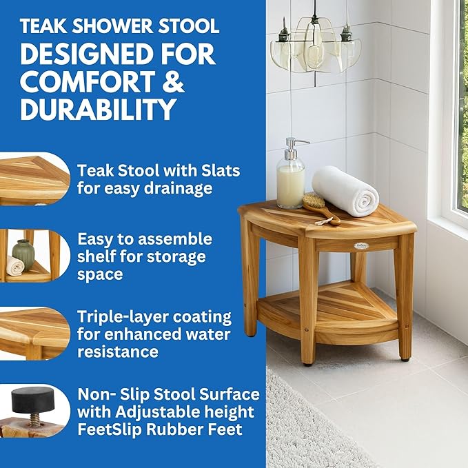 EcoDecors Teak Shower Corner Caddy 18" – Waterproof Wood Storage Organizer with Built-in Shelf and Adjustable Feet - Ideal for Small Bathrooms & Walk-in Showers - Indonesian Teak