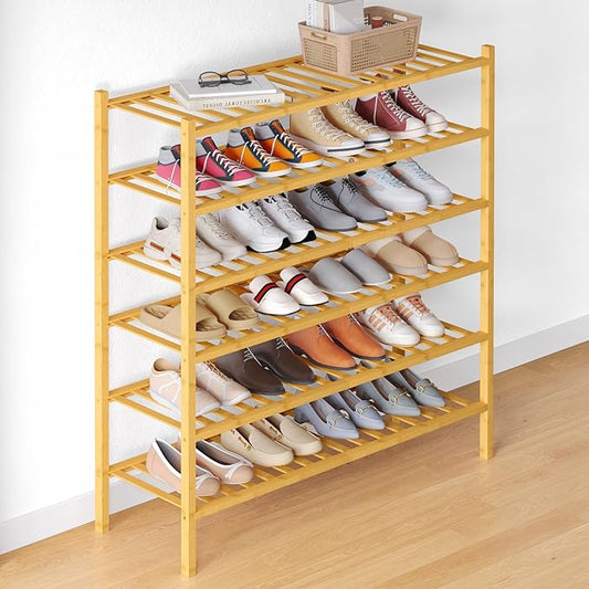 Smiry Bamboo Shoe Rack for Closet, 6 Tier Long Wooden Stackable Shoe Organizer, Free Standing Shoes Storage Shelf for Entryway, Front Door Entrance, Natural