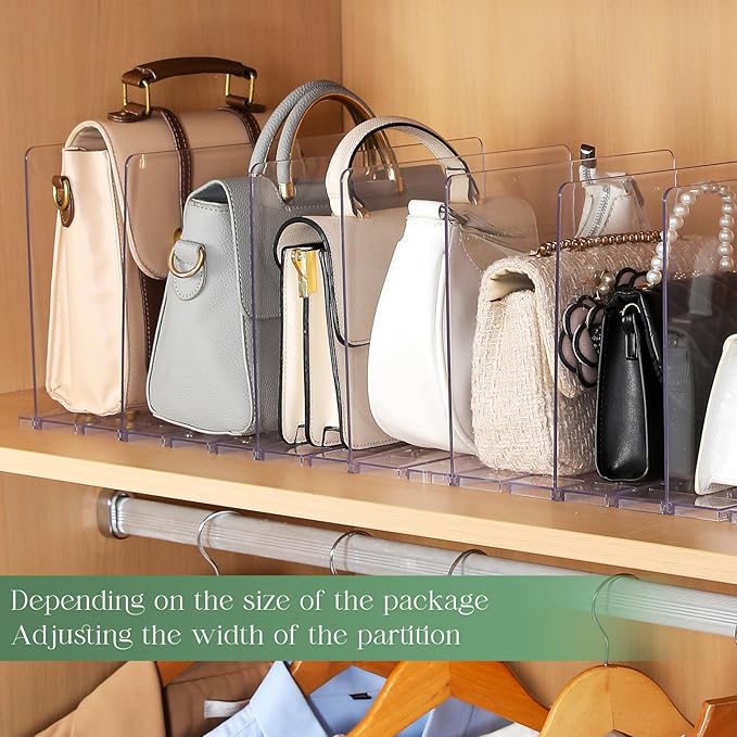 Bag & Purse Organizer for Closet, 2 Pack Adjustable Shelf Divider for Closet - Clear Handbag Shelf Dividers Acrylic Handbag Separators Storage Organizer for Closets Bookshelf (10 Layers)