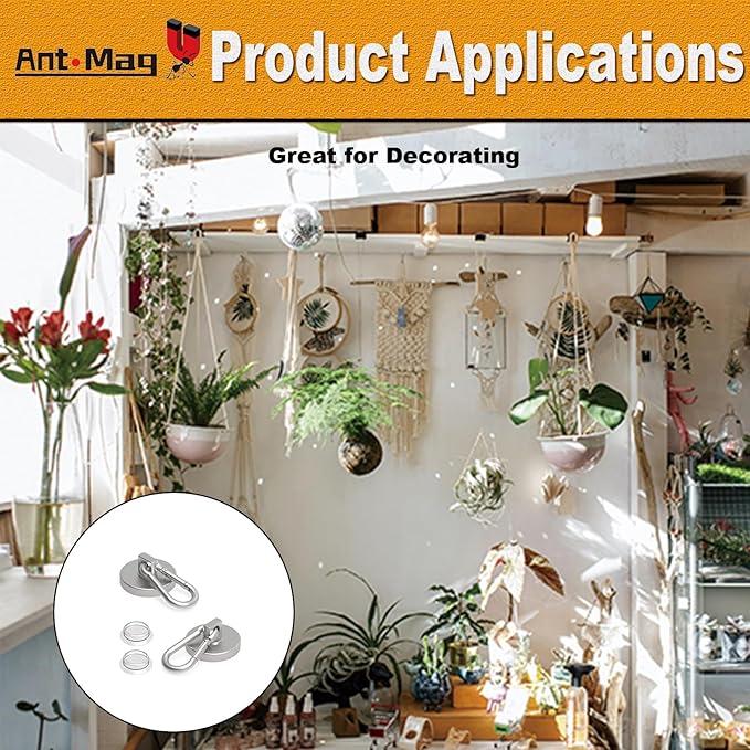 Ant Mag Magnet Hooks 160LBS with Suctions Heavy Duty Neodymium Magnet with Swivel Carabiner Snap Hook for Indoor/Outdoor Hanging Bag Kitchen Garage Cruise Ship (2 Pack)