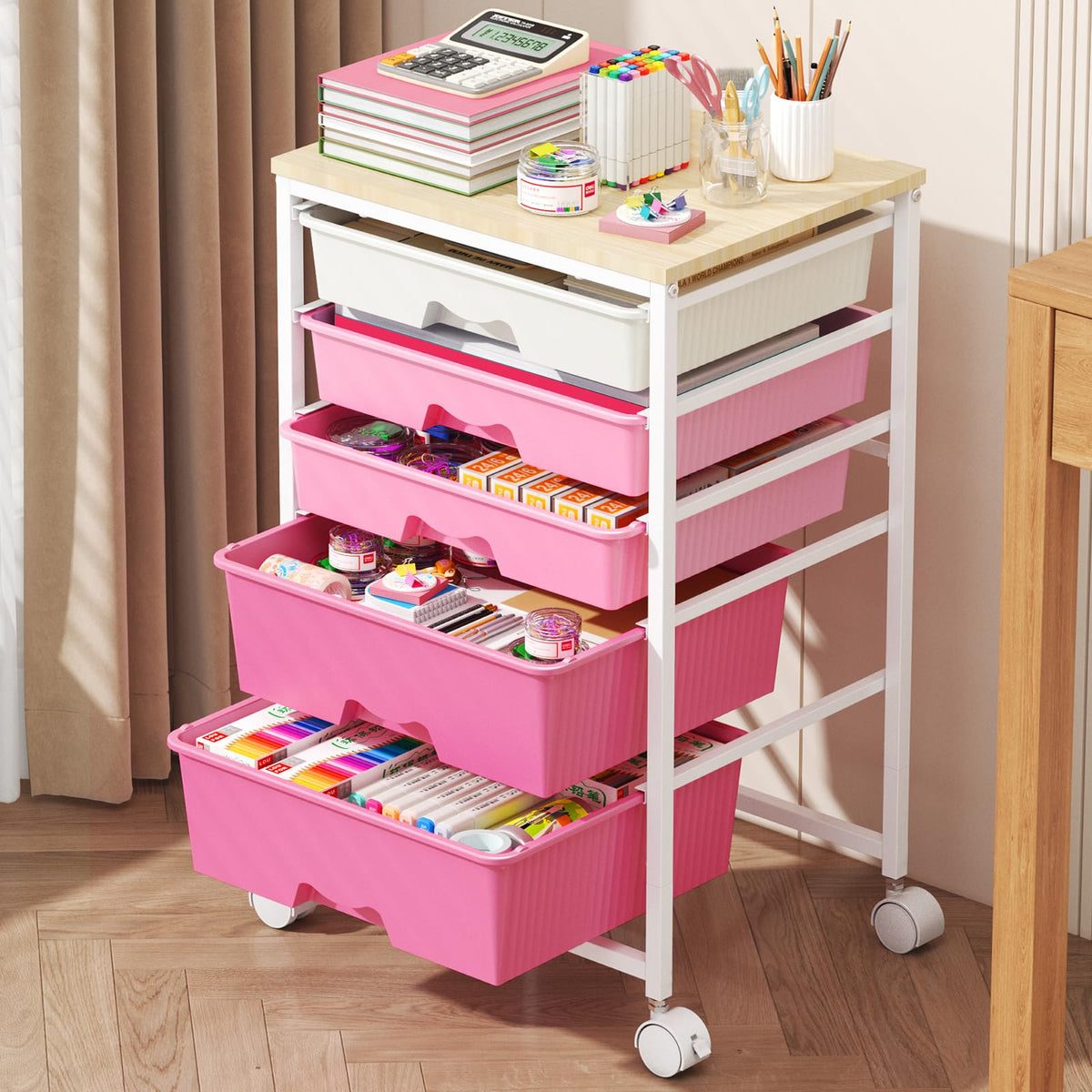 Rolling Cart with 5 Drawers for Craft, Art, Dorm, Office, Pink - Image 1