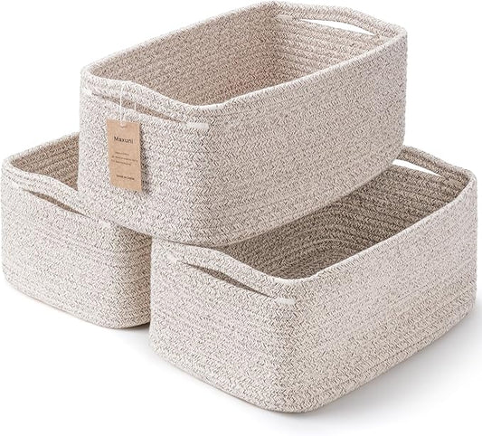 3-Pack Small Storage Baskets for Organizing | Woven Shelf Toy Basket | Rope Baskets for Gifts Empty | Closet Organizer Bins with Handles | Cube Decorative Box | 11.8×7.8×5.1” | Mixed brown