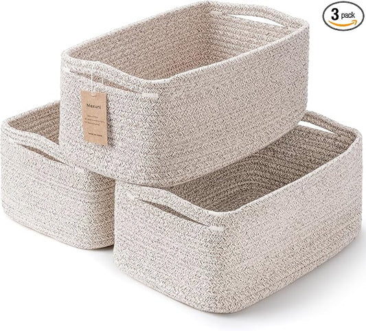 3-Pack Storage Baskets for Organizing | Woven Shelf Toy Basket | Rope Baskets for Gifts Empty | Closet Organizer Bins with Handles | Cube Decorative Box | 13.7×7.1×6.7” | Mixed brown