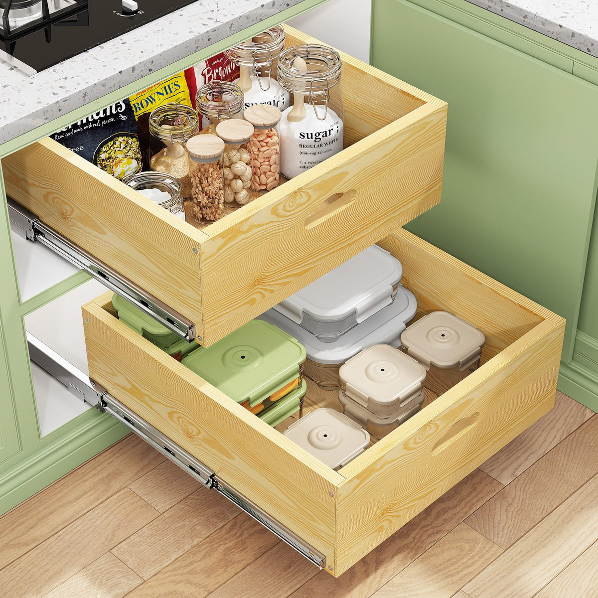 Pull Out Cabinet Organizer, Soft Close Slide Out Solid Wooden Drawers(15"W X 21"D x 6.2''H), Heavy Duty Full-extension Roll Out Shelves for Kitchen Cabinets,Pantry & Closet Organiz