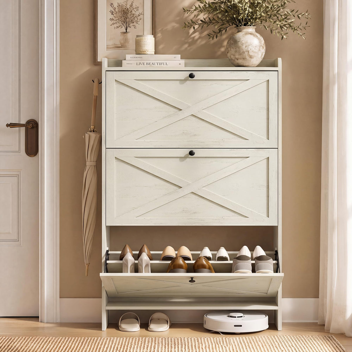 VASAGLE Narrow Shoe Storage Cabinet Organizer with 3 Flip Drawers - Image 1