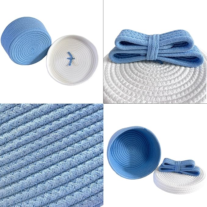 Cute Storage Baskets with Lids, Small Round Woven Rope Basket with Lid, Small Toy Box for Kids, Cat or Dog, Cute Basket for Gift, Toy or Home Decor, Chic Bow Handle (blue)