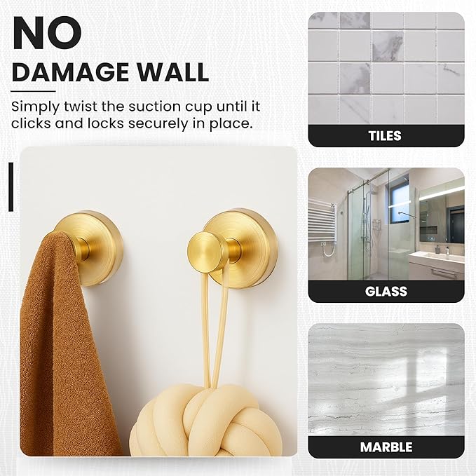 Suction Cup Hooks 4 Pack – Heavy Duty No Drill Bathroom Towel Hooks, Removable Reusable Stainless Steel Shower Wall Hooks for Kitchen, Glass, Door, Bathrobe, Coat & Accessories