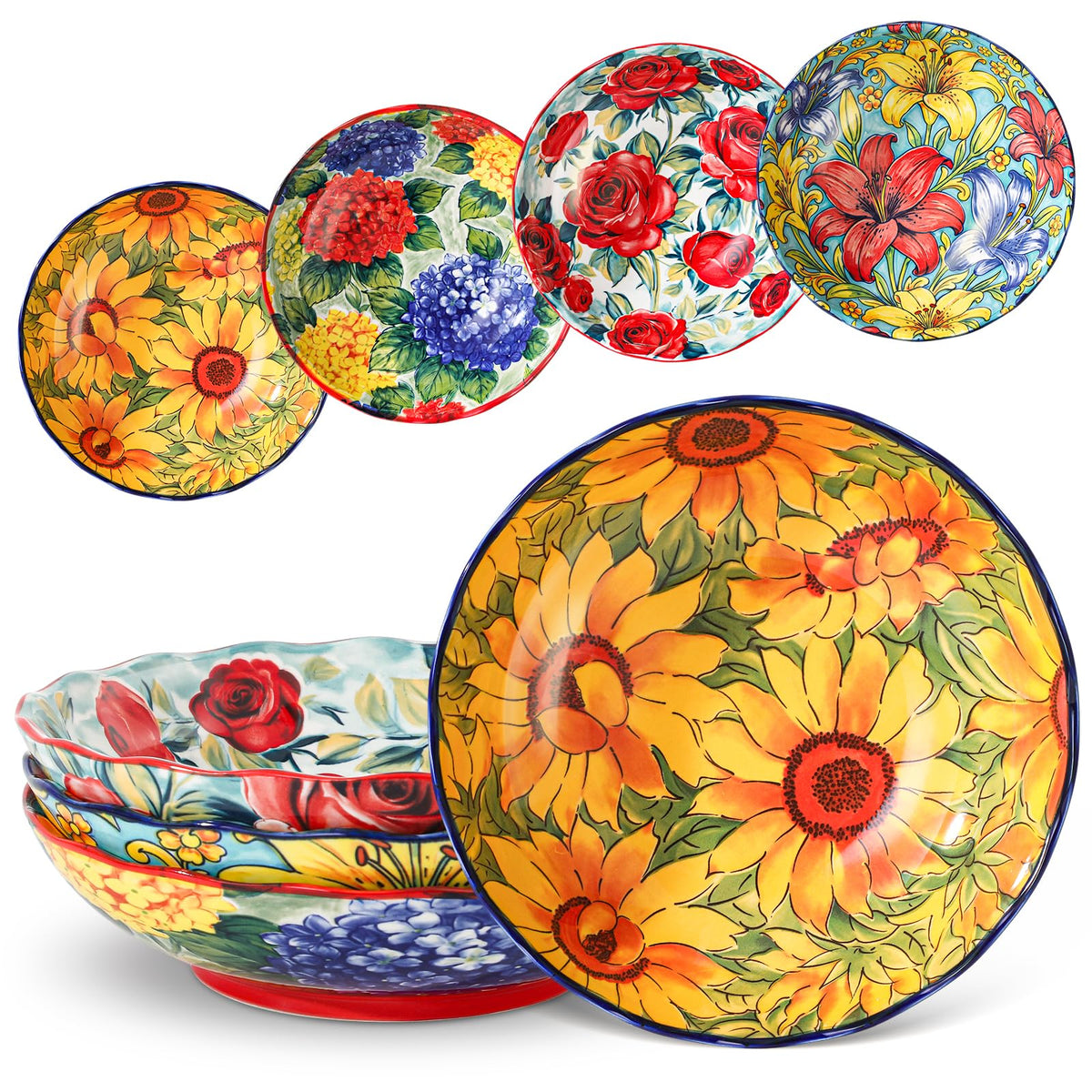30 Oz Pasta Bowls Set of 4, 8.3 Inch Assorted Floral Ceramic - Image 1