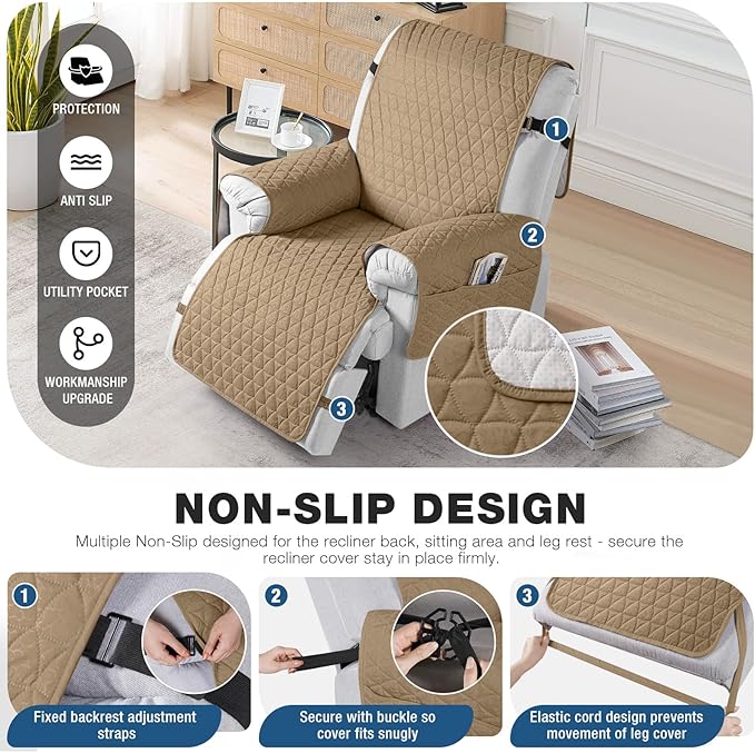 TAOCOCO 100% Waterproof Recliner Cover - Recliner Cover with Non-Slip Granule, Recliner Chair Covers with Elastic Band, Recliner Chair Covers for Reclining Chair(Camel, Large-28'')