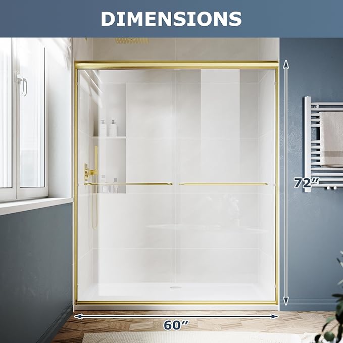 SUNNY SHOWER Double Sliding Glass Door 60" W x 72" H Shower Door 1/4" Tempered Glass Sliding Door Semi-Frameless Shower Glass Enclosure Bypass Walk in Shower Cabin, Brushed Gold