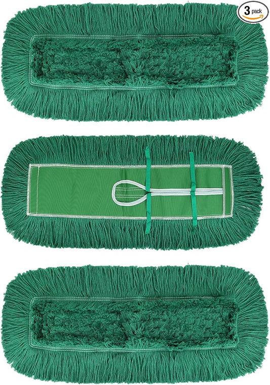 24 Inch Dust Mop Head: Replacement Medium Washable Commercial Mop Head Sweeper and Janitorial Replacement Green (Green - 24 Inch, 3 Pack)