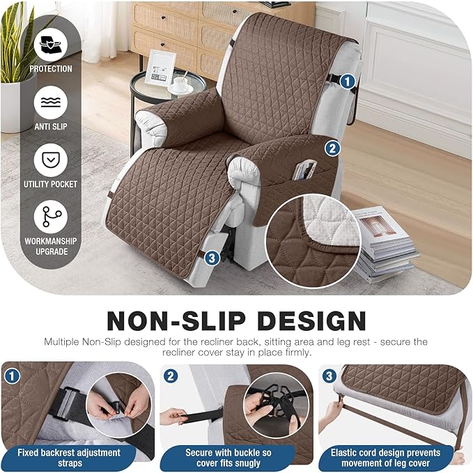 TAOCOCO 100% Waterproof Recliner Cover - Recliner Cover with Non-Slip Granule, Recliner Chair Covers with Elastic Band, Recliner Chair Covers for Reclining Chair(Brown, Medium-25'')