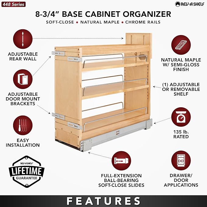 Rev-A-Shelf 8" Pullout Storage Organizer for Base Kitchen/Bathroom Cabinets, Spice Rack Pantry Shelves with Soft-Close Slides, Wood, 448-BDDSC-8C