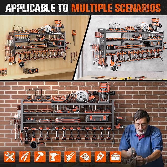 49.8" W Power Tool Organizer Wall Mount with Charging Station, Large Garage Organization with 12 cordless Drill Holder, 4 Layers Tool Organizers and Storage, Tool Rack with 6 Power Strip, Black
