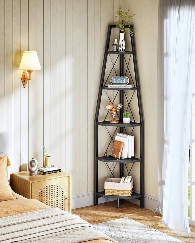 5-Tier Corner Shelf, Corner Bookshelf, Ladder Shelf, Floor Standing Storage Rack, Open Display Stand, Plant Stand, for Living Room, Bedroom, Study, Bathroom, Black TCJ22BB