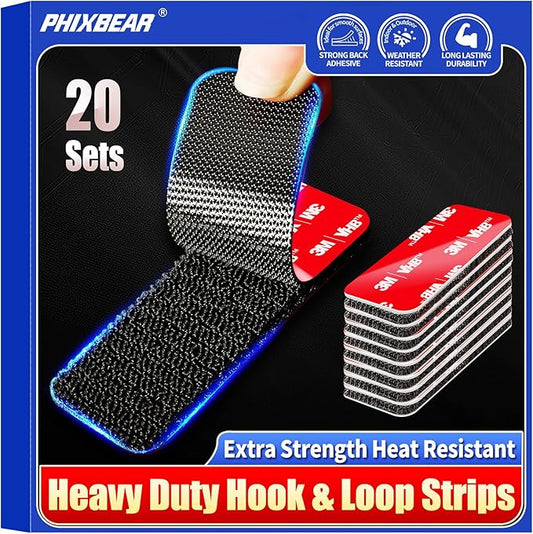 20 Sets Super Adhesive Hook and Loop Strips Heavy Duty, Made of 3M VHB, Heat Resistant Waterproof, Outdoor or Indoor Use, Black 1.2x3.2 Inch