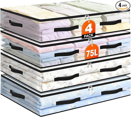 4 Pack Under Bed Storage Bags, 75L Foldable Clear Storage Containers with Handles, Dual Zippers for Comforter, Clothes, Bedding, Linen Sheets, Sweaters, Blanket Storage