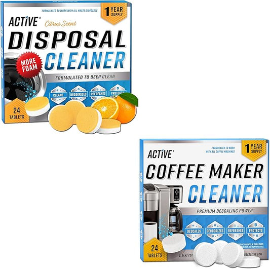 ACTIVE Disposal Cleaner and Coffee Maker Cleaner Tablets - Includes 24ct Disposal Cleaning Tabs and 24ct Coffee Machine Tabs
